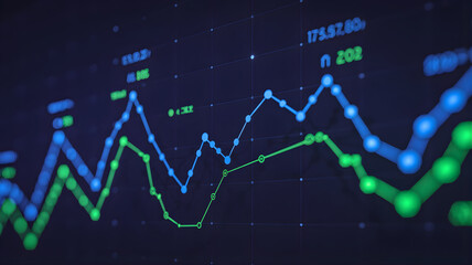 Financial data analysis on a digital screen showing a stock market line graph with fluctuating blue and green trends