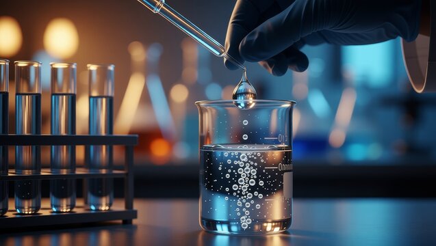 Gloved hand pipetting liquid into beaker with bubbles