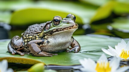 A close up of a frog resting on a vibrant green lilypad