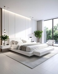 Modern white bedroom with minimalist design, large windows, and natural light