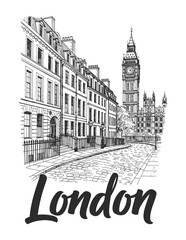 Black and White Hand drawn London Street Scene Landmark and Building Illustration