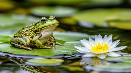 Obraz premium Green Frog on Lily Pad Next to White Flower in Water