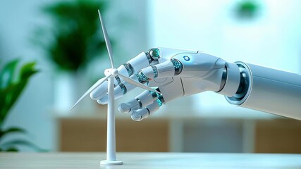 Robotic hand artificial intelligence wind turbine renewable energy technology sustainability clean power innovation futuristic efficiency future eco - Powered by Adobe