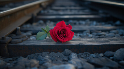 Red rose lying on railroad track at dusk