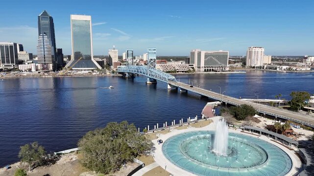 Still shot of Friendship Fountain Park a landmark along the St. Johns River on the downtown riverwalk in Jacksonville, Florida