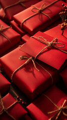 Multiple red gift boxes tied with twine in warm light