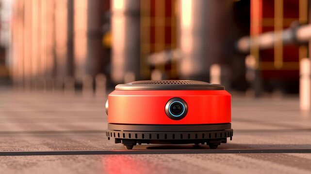Autonomous robot red device warehouse floor for logistics automation with smart sensor and blue light industrial aisle, compact and precise moving - Powered by Adobe
