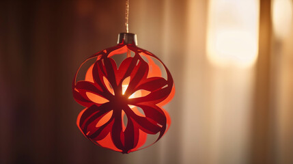Red paper ornament with flower design in warm light