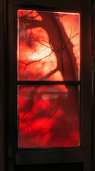 Tree shadows cast on red-tinted window glass