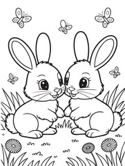 Two cute bunnies in line art facing each other with butterflies in transparent background