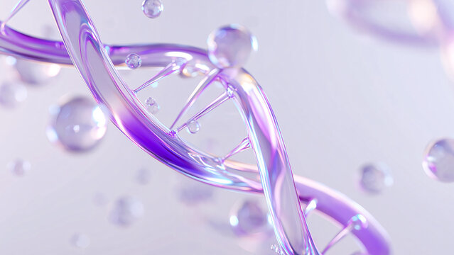 Futuristic DNA double helix with glossy purple-blue gradient, molecular spheres, and soft light background. Ideal for visuals in biotech, genetics, and scientific innovation.