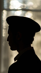 Silhouette of man in hat against bright window light