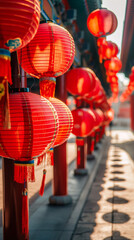 Row of red Chinese lanterns at traditional temple