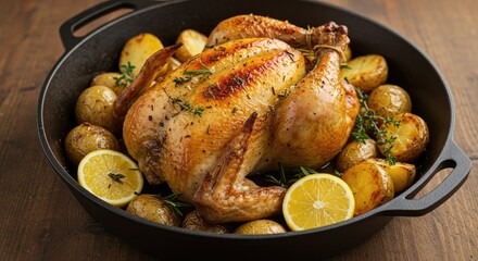 Golden roasted chicken with herbs, potatoes, and lemon slices in a cast iron pan