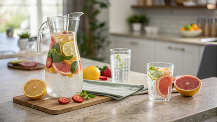 Citrus water fruit slice glass carafe mint basil kitchen countertop daylight refreshment with calm mood
