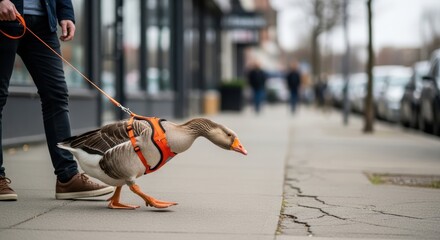 Person walking a domesticated goose on a leash along a city sidewalk, showcasing unique pet ownership and urban lifestyle with vibrant surroundings