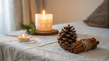 Candle pinecone cinnamon linen cozy warm rustic soft light winter holiday mood Gentle candle glow with pinecone and cinnamon linen table creates