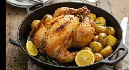 Golden roasted chicken with potatoes and lemons in a cast iron pan