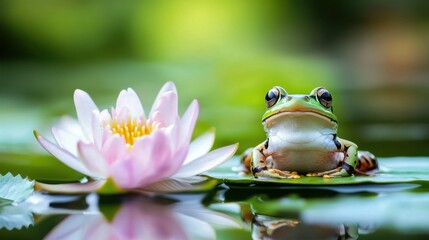 A happy frog sitting on a lilypad in a tranquil pond