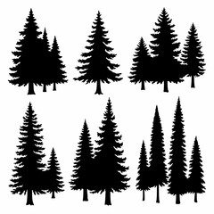 Grouped Forest Landscape Silhouette Set of Hand-Drawn Pine Trees