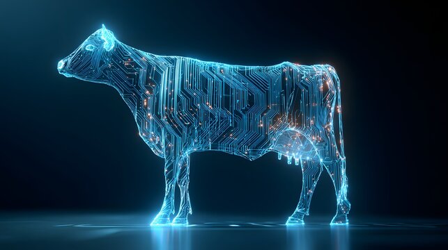 Digital Cow Hologram in Blue Light on Dark Background.