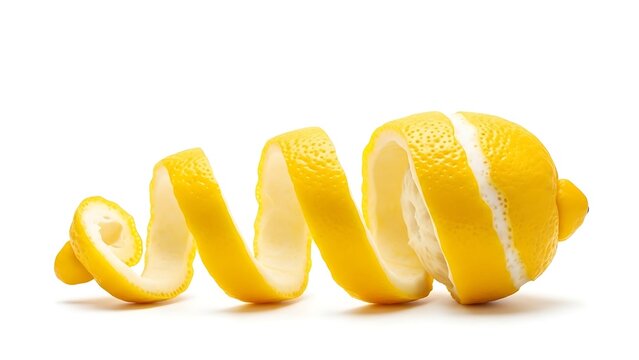 Fresh lemon fruit with long spiral peel and zest on a white background