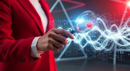 Woman in red jacket examines red virus particle through magnifying glass image