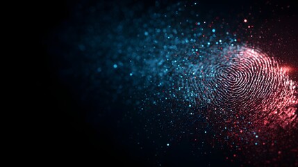 Digital Fingerprint Scan with Glowing Particles on Dark Background.