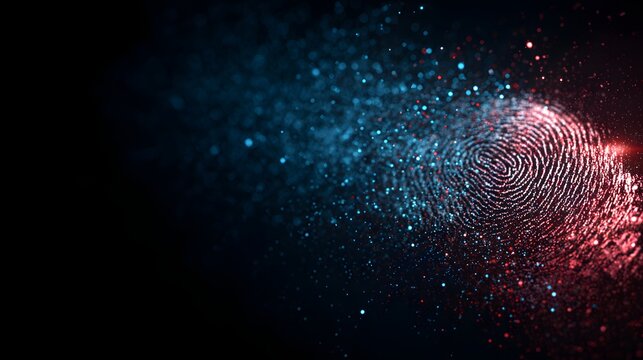 Digital Fingerprint Scan with Glowing Particles on Dark Background.