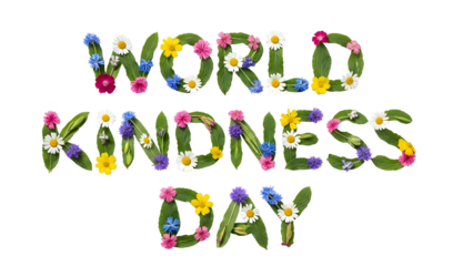 World kindness day text made of colorful flowers and leaves