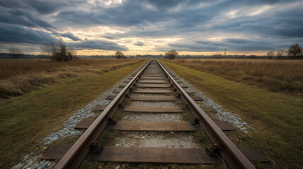 Railroad tracks stretching into horizon under cloudy sky