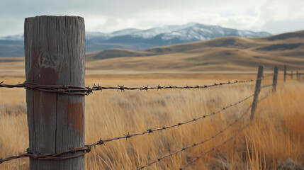 Barbed wire fence in dry grassland with mountain backdrop