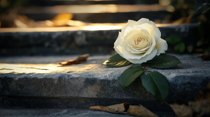 White rose on stone steps in autumn light