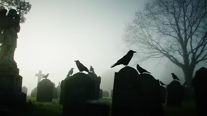 Crows on Gravestones in a Misty Cemetery. - Powered by Adobe