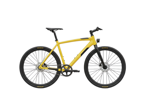 Modern Yellow City Bicycle with Black Accents and Disc Brakes Isolated on a Plain Black Background with Subtle Yellow Details on Wheels Representing Urban Transportation and Sustainable Mobility