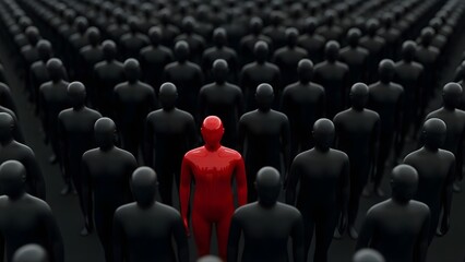Fototapeta premium Unique Leadership Concept: Red Person Standing Out in Black Crowd