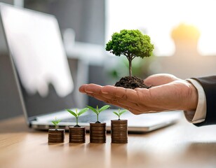 Person's hand holding a small tree above stacks of coins, and a laptop