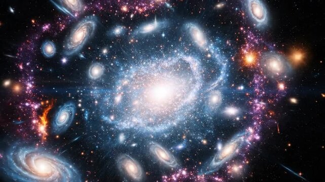 Vast Galactic Cluster With Swirling Galaxies And Nebulae In Deep Space With Bright Center Star Light Effect
