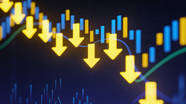 Financial market downturn Downward trending stock chart with negative indicators signaling a bearish trend and economic decline