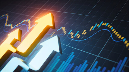 Financial market growth with upward trending arrows and stock market graphs showcasing economic progress and investment success