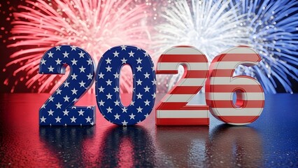 USA 2026 Celebration Banner: Fireworks and American Flag Typography