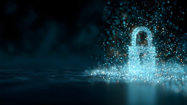 Digital Lock Security Concept with Glowing Particles on Dark Background.