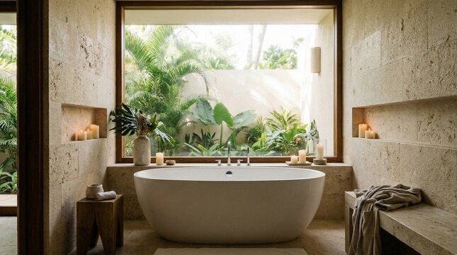 Luxurious modern spa bathroom interior with freestanding bathtub, beige stone walls and tropical garden view through large window - Powered by Adobe