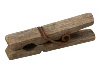 Vintage weathered wooden clothespin with rusty spring mechanism, rustic laundry clip, household item on transparent background