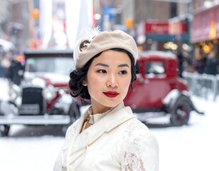 Portrait of a woman in vintage attire, snow-covered street