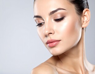 Portrait of a woman with flawless skin, gazing down, highlighted makeup