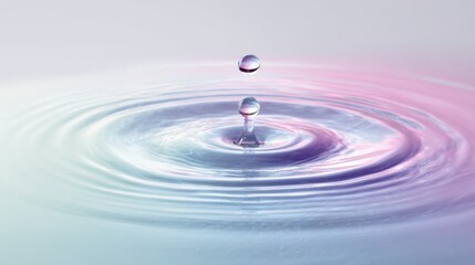 Elegant water droplet splash captured in midair with delicate pastel reflections forming calming abstract ripple patterns for modern design on white background