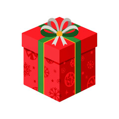 A red gift box with snowflakes and green ribbon, topped with a white bow.