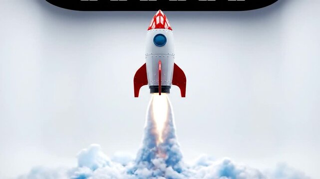 White and red rocket blasts off amidst billowing clouds