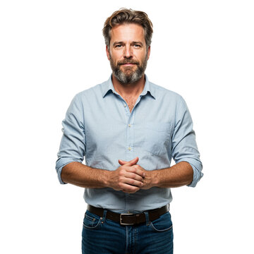 Confident middle-aged man with beard wearing blue shirt and jeans standing indoors isolated on transparent background